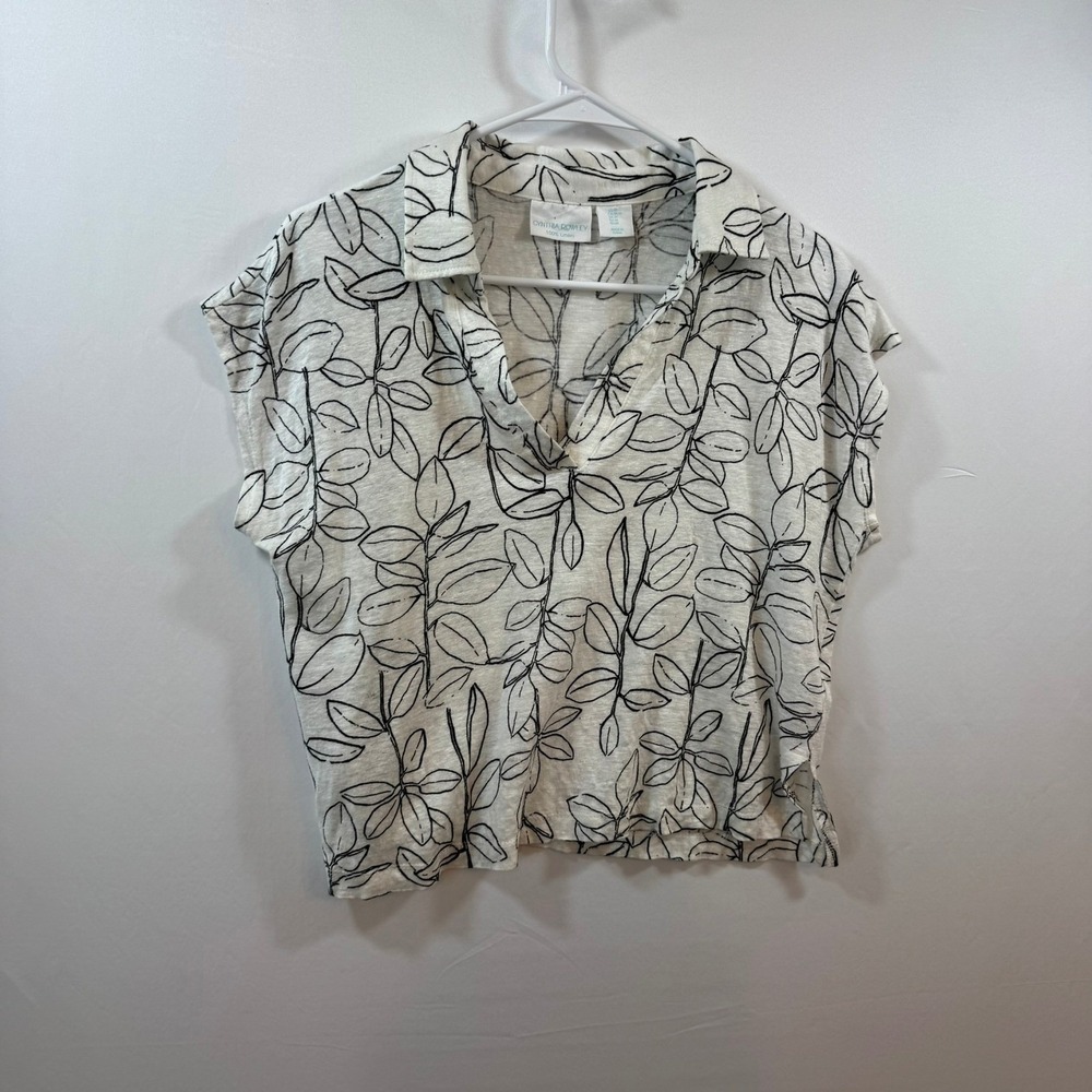 Cynthia Rowley Womens White Black Botanical Leaf 100% Linen Boxy Top Size M - Picture 3 of 7